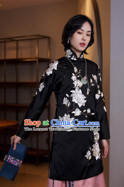 Chinese Black Satin Shirt Tang Suit Upper Outer Garment Traditional Costume Embroidered Mangnolia Blouse