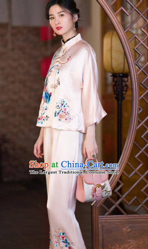 Chinese Tang Suit Pink Satin Shirt Upper Outer Garment Traditional Costume Embroidered Phoenix Blouse