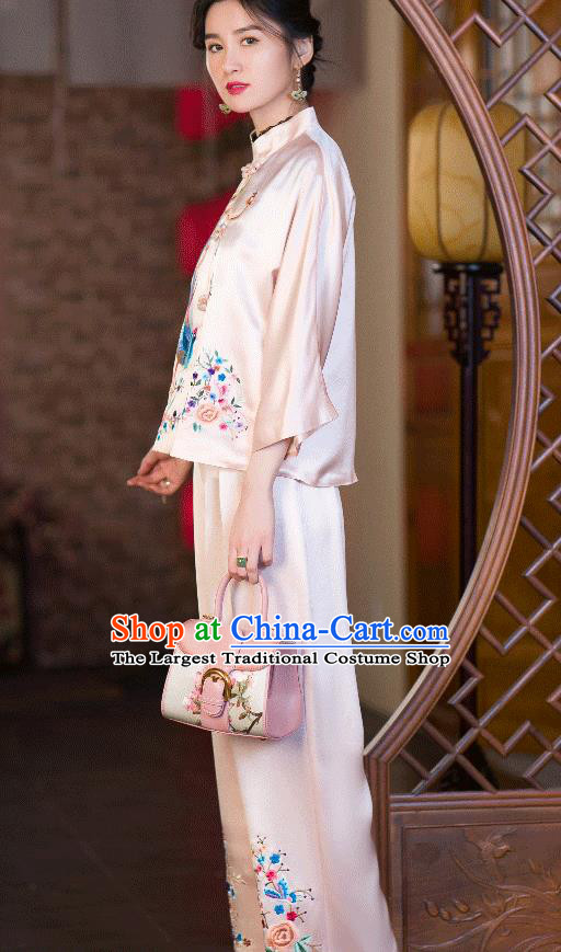 Chinese Tang Suit Pink Satin Shirt Upper Outer Garment Traditional Costume Embroidered Phoenix Blouse