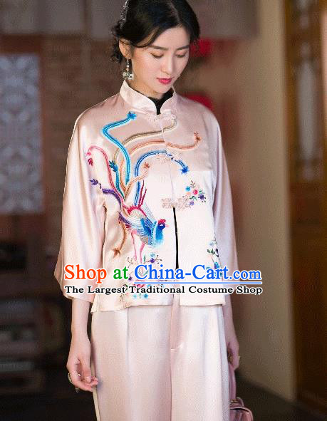 Chinese Tang Suit Pink Satin Shirt Upper Outer Garment Traditional Costume Embroidered Phoenix Blouse