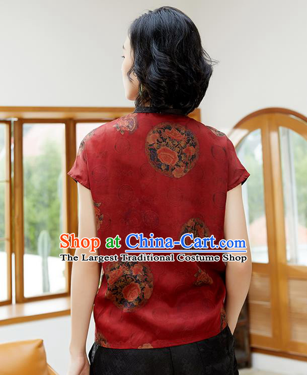 Chinese Classical Peony Pattern Red Silk Shirt Traditional Blouse Upper Outer Garment Tang Suit Costume