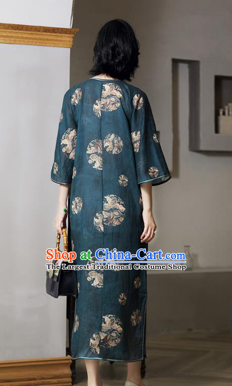 Republic of China Traditional Classical Dark Green Qipao Dress National Women Clothing Printing Long Cheongsam
