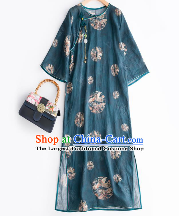 Republic of China Traditional Classical Dark Green Qipao Dress National Women Clothing Printing Long Cheongsam