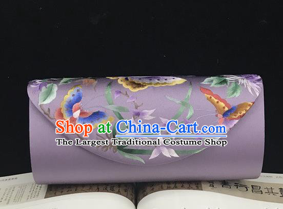 China Handmade Suzhou Embroidery Orchids Handbag Evening Bag National Violet Silk Clutch Bag
