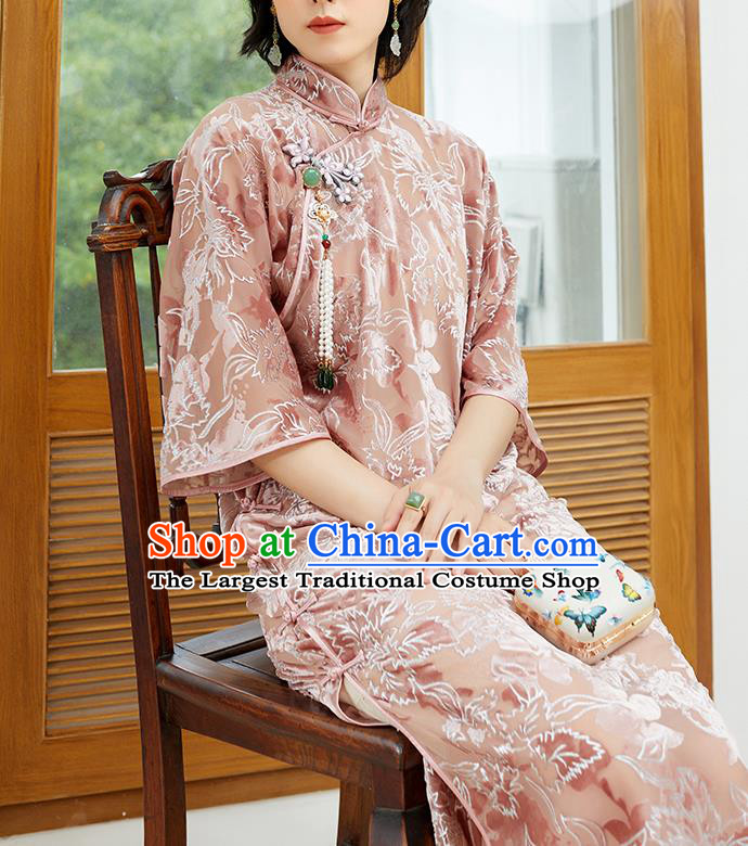 Republic of China Traditional Classical Qipao Dress Pink Velvet Cheongsam National Women Clothing