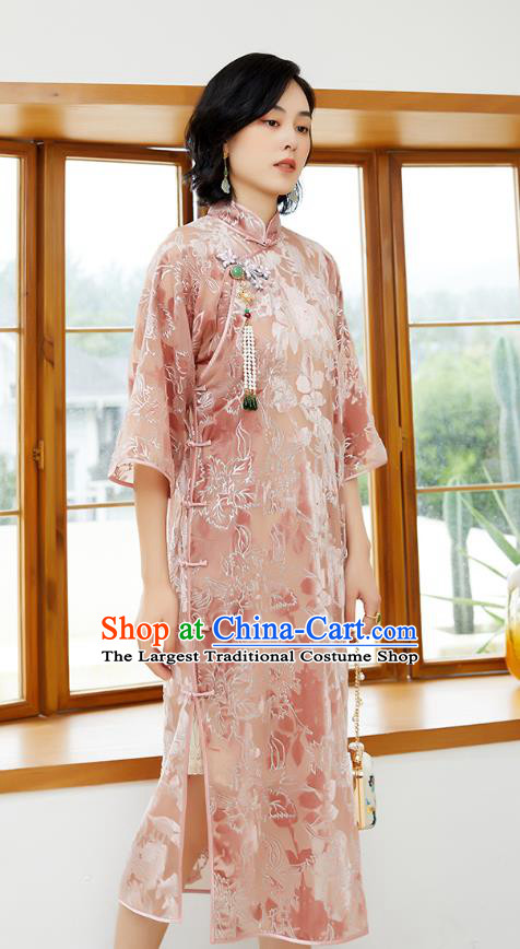 Republic of China Traditional Classical Qipao Dress Pink Velvet Cheongsam National Women Clothing