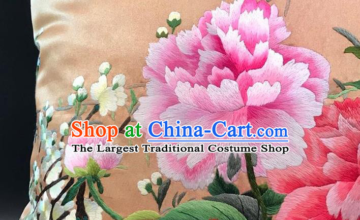 China Traditional Embroidered Peony Orange Silk Pillowslip Suzhou Embroidery Craft