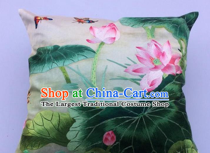 Traditional China Embroidered Silk Pillowslip Handmade Suzhou Embroidery Lotus Cushion Cover