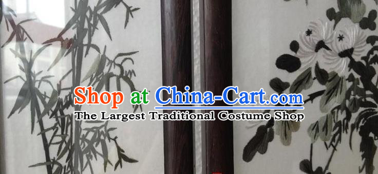 China Handmade Suzhou Embroidery Plum Orchids Bamboo Chrysanthemum Desk Screen Traditional Embroidered Craft Rosewood Table Decoration