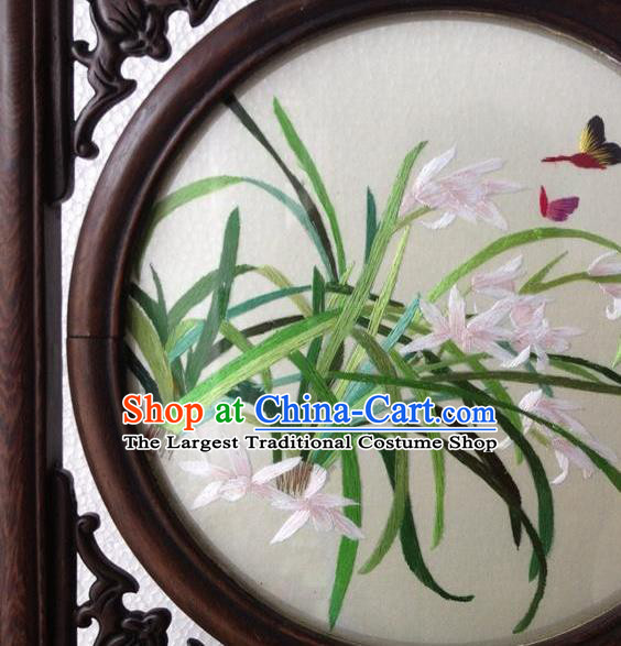 China Traditional Suzhou Embroidery Orchids Desk Screen Embroidered Craft Rosewood Table Decoration Handmade Ornaments