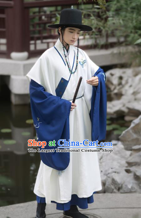 Chinese Ming Dynasty Scholar Historical Costumes Traditional Ancient Taoist Priest Hanfu Apparels Embroidered White Vest and Blue Robe
