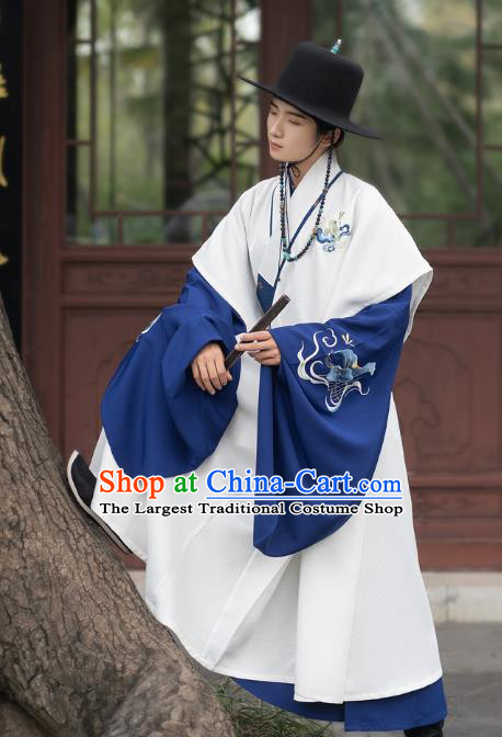 Chinese Ming Dynasty Scholar Historical Costumes Traditional Ancient Taoist Priest Hanfu Apparels Embroidered White Vest and Blue Robe