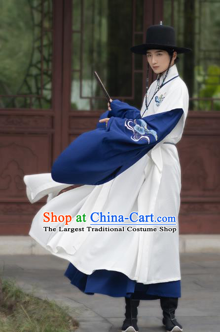 Chinese Ming Dynasty Scholar Historical Costumes Traditional Ancient Taoist Priest Hanfu Apparels Embroidered White Vest and Blue Robe