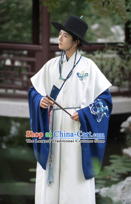 Chinese Ming Dynasty Scholar Historical Costumes Traditional Ancient Taoist Priest Hanfu Apparels Embroidered White Vest and Blue Robe