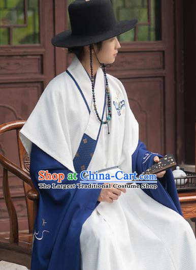 Chinese Ming Dynasty Scholar Historical Costumes Traditional Ancient Taoist Priest Hanfu Apparels Embroidered White Vest and Blue Robe