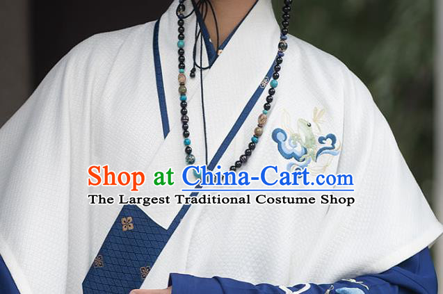 Chinese Ming Dynasty Scholar Historical Costumes Traditional Ancient Taoist Priest Hanfu Apparels Embroidered White Vest and Blue Robe