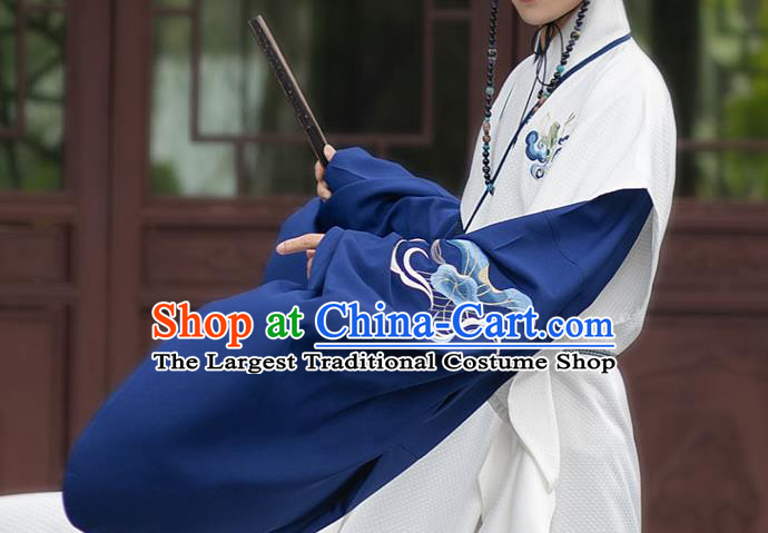 Chinese Ming Dynasty Scholar Historical Costumes Traditional Ancient Taoist Priest Hanfu Apparels Embroidered White Vest and Blue Robe