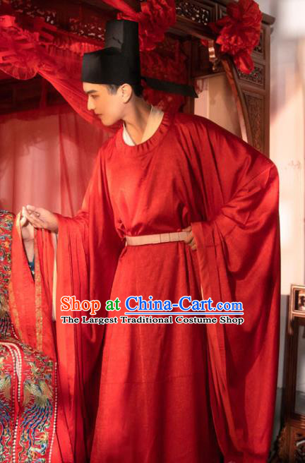 Chinese Song Dynasty Wedding Historical Costumes Traditional Ancient Official Hanfu Apparels Red Robe for Men