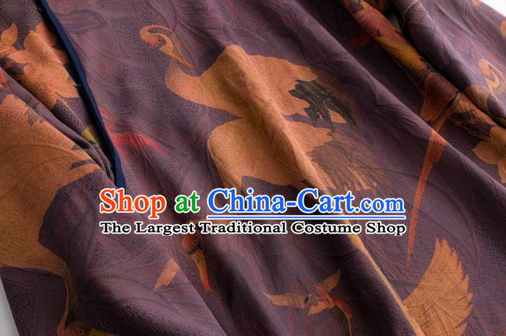Republic of China Traditional Classical Qipao Dress National Women Clothing Printing Crane Purple Silk Cheongsam