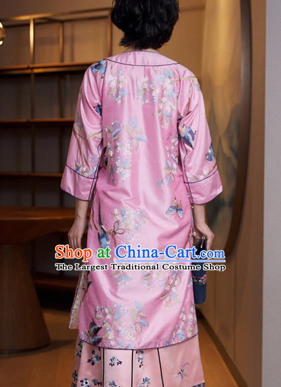 China Classical Pink Silk Qipao Dress National Women Clothing Traditional Embroidered Cheongsam