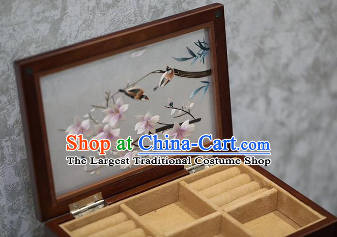 China Traditional Embroidered Jewel Case Handmade Wood Three Layers Jewelry Box