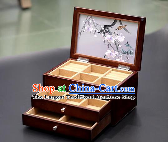 China Handmade Three Layers Jewelry Box Traditional Embroidered Mangnolia Wood Jewel Case