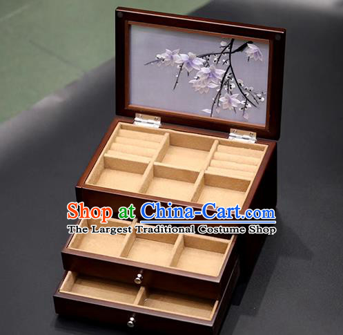 China Handmade Three Layers Jewelry Box Traditional Embroidered Mangnolia Wood Jewel Case