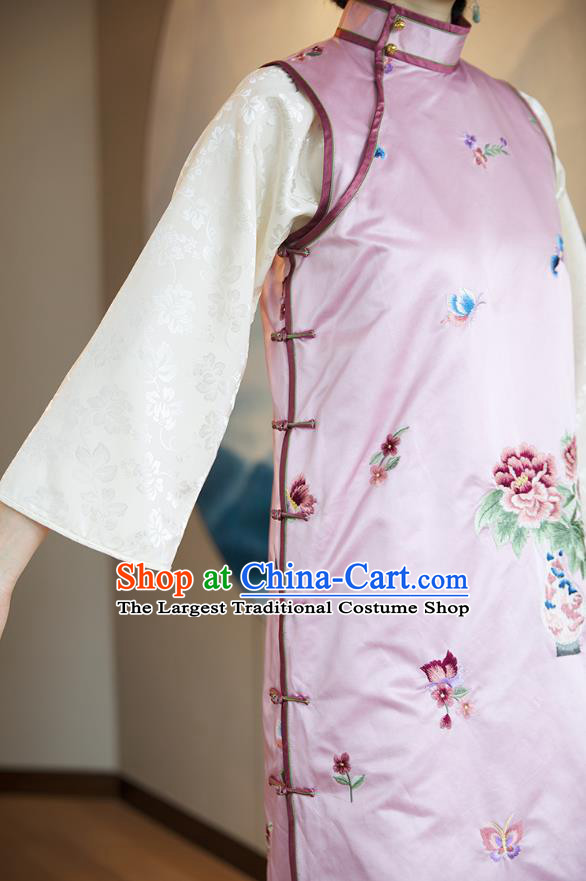China Traditional Embroidered Sleeveless Cheongsam National Women Clothing Classical Pink Silk Qipao Dress
