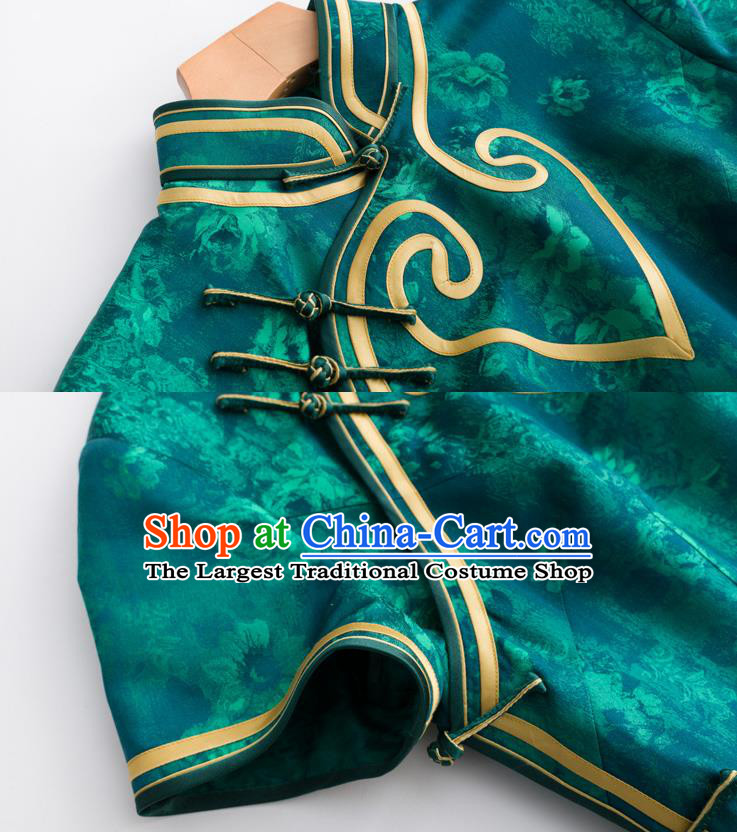 China National Women Clothing Traditional Green Silk Long Cheongsam Classical Printing Qipao Dress