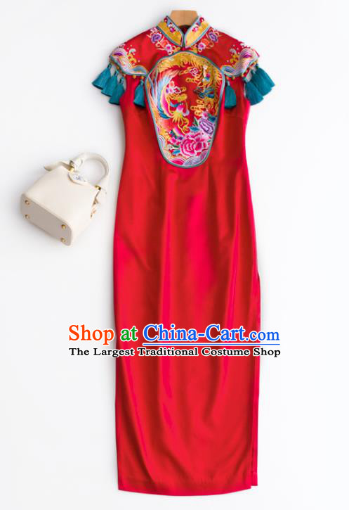 China National Women Wedding Clothing Traditional Long Cheongsam Classical Embroidered Red Satin Qipao Dress
