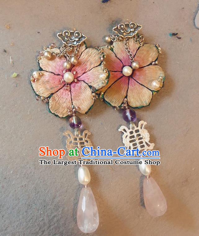China Traditional Hanfu Embroidered Peach Blossom Earrings Rose Quartz Ear Accessories
