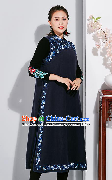 China Traditional Women Classical Flax Dress National Qipao Clothing Tang Suit Embroidered Navy Cheongsam