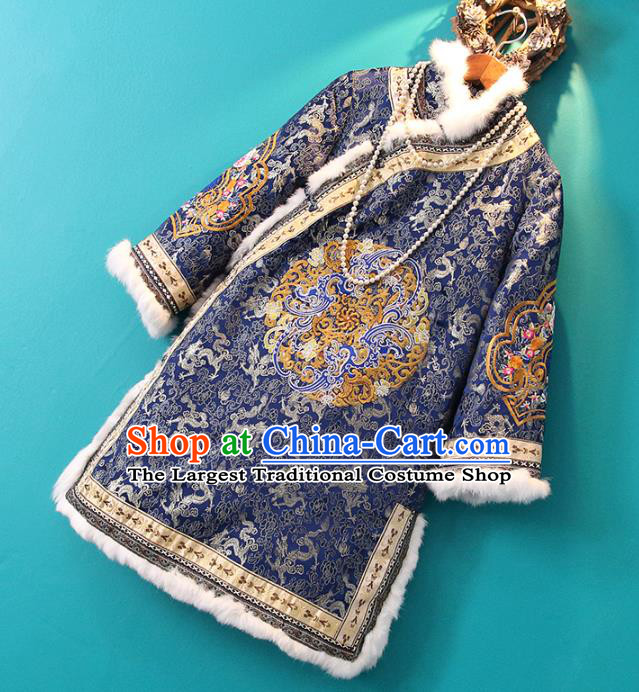 Chinese Tang Suit Royalblue Cotton Padded Jacket Embroidered Coat National Outer Garment