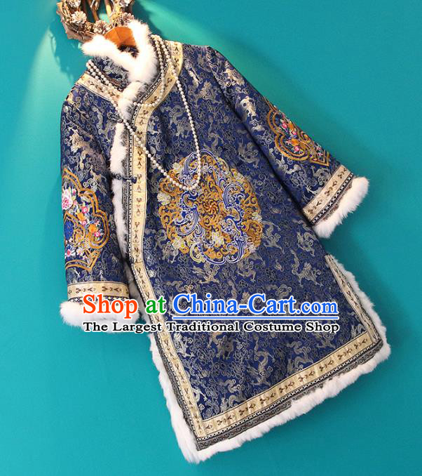 Chinese Tang Suit Royalblue Cotton Padded Jacket Embroidered Coat National Outer Garment