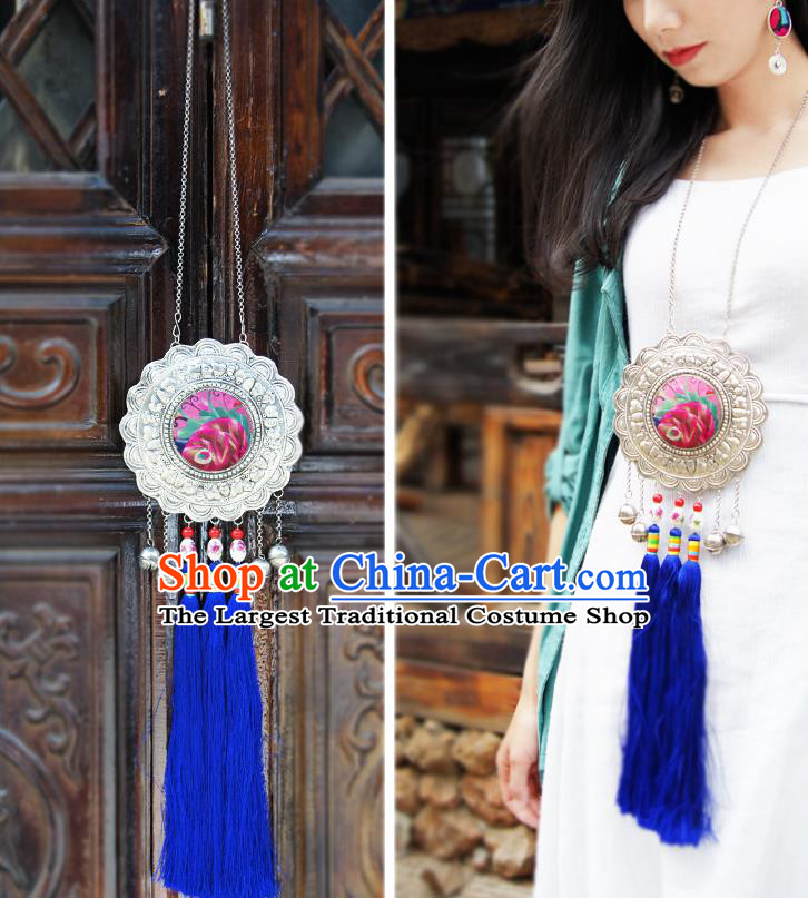 China Silver Jewelry Handmade National Embroidered Necklace Ethnic Women Royalblue Tassel Necklet Accessories