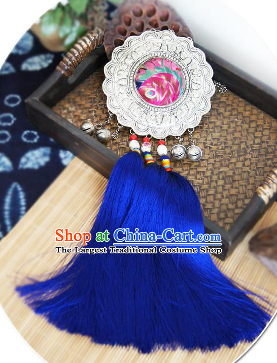 China Silver Jewelry Handmade National Embroidered Necklace Ethnic Women Royalblue Tassel Necklet Accessories