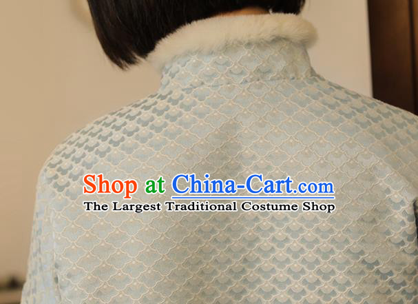 Chinese National Light Blue Cotton Padded Jacket Tang Suit Upper Outer Garment Women Winter Costume