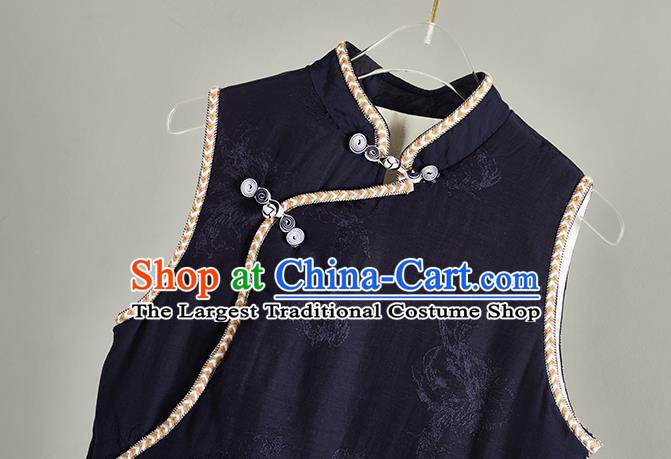 China Tang Suit Navy Vest Cheongsam Traditional Women Classical Dress National Qipao Clothing