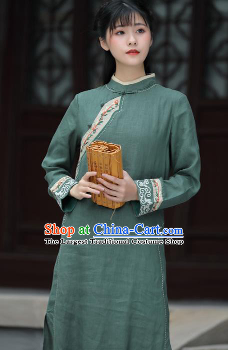 China Tea Culture Clothing Tang Suit Green Flax Cheongsam Traditional Women Classical Embroidered Dress National Qipao