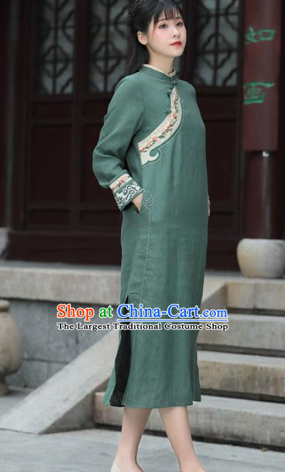China Tea Culture Clothing Tang Suit Green Flax Cheongsam Traditional Women Classical Embroidered Dress National Qipao