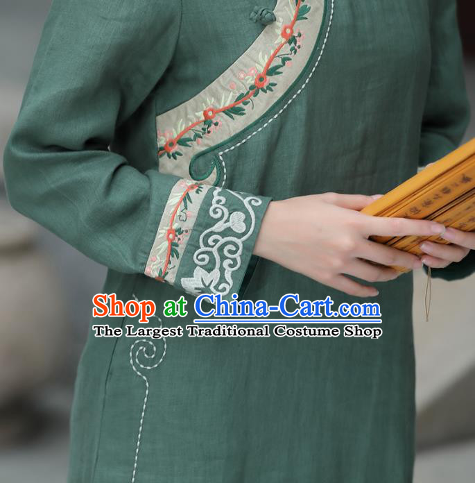 China Tea Culture Clothing Tang Suit Green Flax Cheongsam Traditional Women Classical Embroidered Dress National Qipao