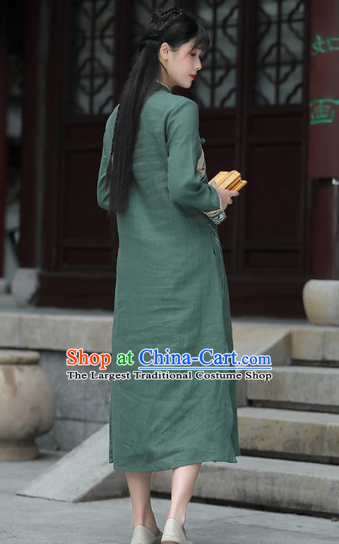 China Tea Culture Clothing Tang Suit Green Flax Cheongsam Traditional Women Classical Embroidered Dress National Qipao