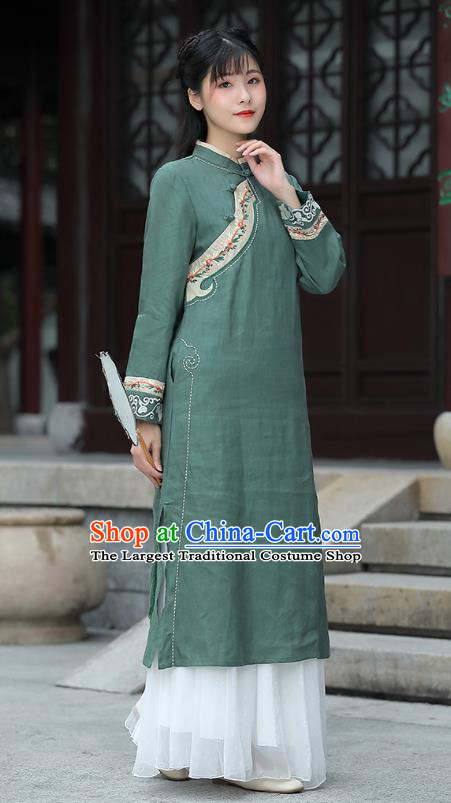 China Tea Culture Clothing Tang Suit Green Flax Cheongsam Traditional Women Classical Embroidered Dress National Qipao