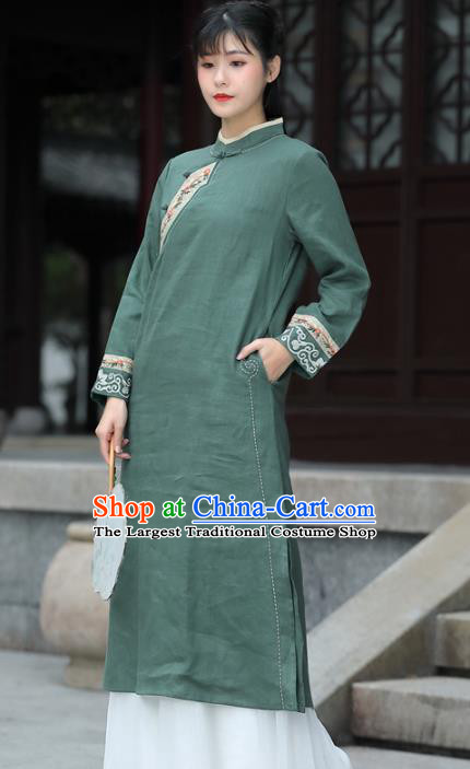 China Tea Culture Clothing Tang Suit Green Flax Cheongsam Traditional Women Classical Embroidered Dress National Qipao