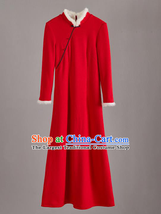 China National Winter Qipao Clothing Tang Suit Cheongsam Traditional Women Classical Red Woolen Dress