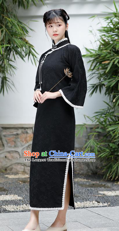 China Tang Suit Black Flax Cheongsam National Qipao Traditional Women Classical Dress Clothing