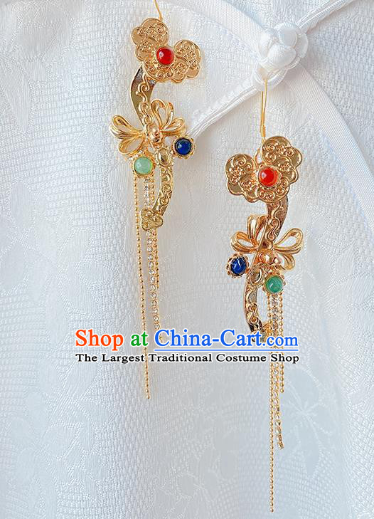 China Classical Court Ear Accessories Women Jewelry Handmade Traditional Hanfu Golden Tassel Earrings