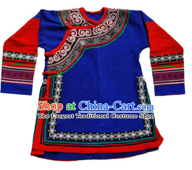 Chinese Tang Suit Upper Outer Garment Yunnan National Costume Embroidered Royalblue Flax Jacket