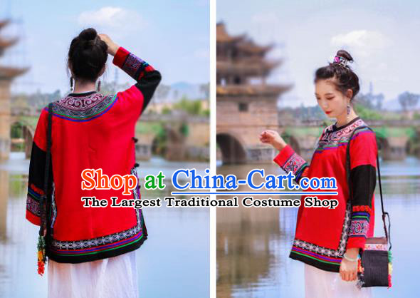 Chinese Yunnan National Costume Embroidered Red Flax Jacket Tang Suit Upper Outer Garment