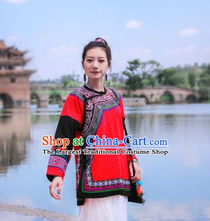 Chinese Yunnan National Costume Embroidered Red Flax Jacket Tang Suit Upper Outer Garment